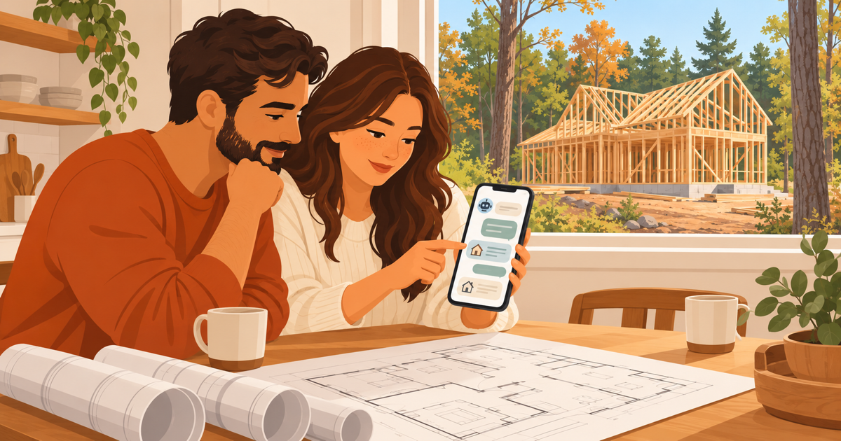 Builder reviewing plans at a framed custom home next to a phone showing an AI chat with house icons and star ratings