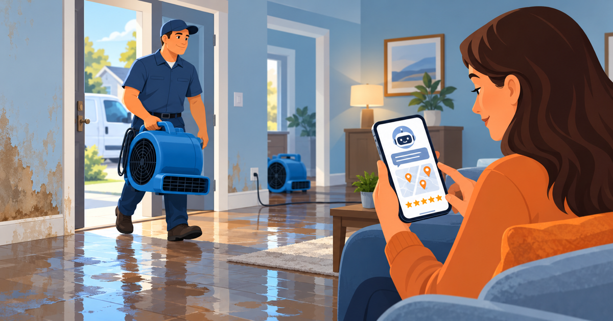 Restoration technician carrying a drying fan into a flooded home while the homeowner checks an AI chat on a phone