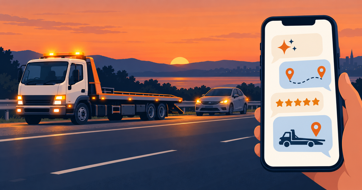 Tieferlegerlaster mit Ladefläche auf dem Seitenstreifen einer Autobahn in der Dämmerung, daneben ein Handy mit einem KI-Chat, Kartenmarkierungen und Sternebewertungen