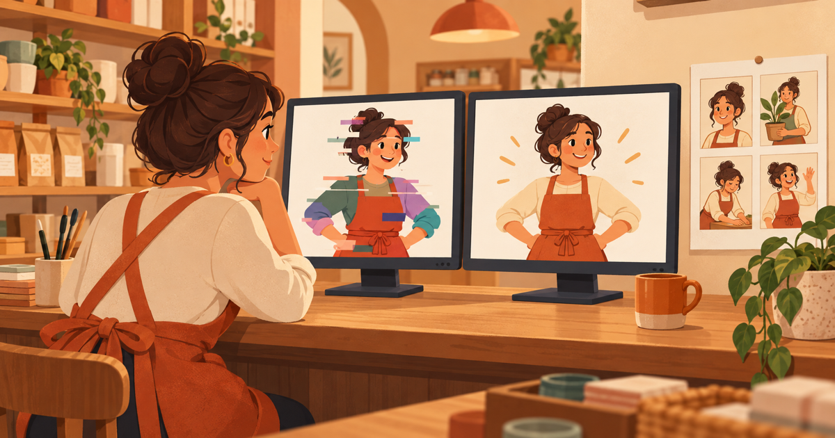 Owner comparing an AI-made cartoon on one screen with an animator-made cartoon on another