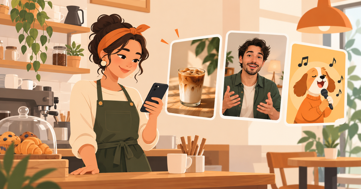 Small-business owner comparing a photo ad, a UGC video ad and a cartoon song ad on a phone