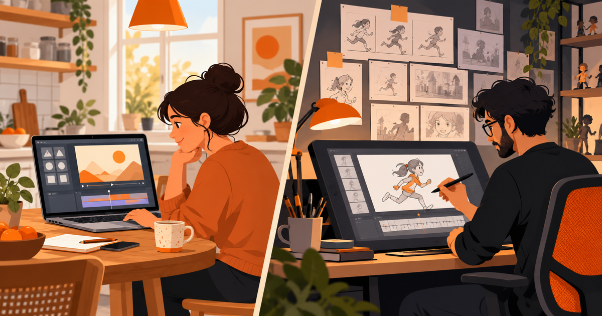 Illustration einer Inhaberin, die am Laptop ein Vorlagenvideo bearbeitet, neben einem Animator, der ein individuelles Storyboard zeichnet