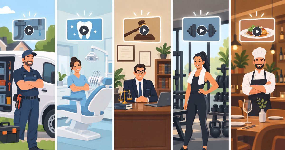 Illustration von kleinen Unternehmen wie einem Klempner, Zahnarzt und Fitnessstudio, jeweils mit einem Video-Play-Icon dargestellt