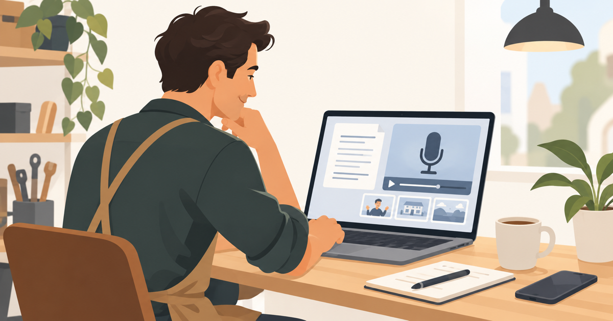Small business owner reviewing a video script and voice over options on a laptop