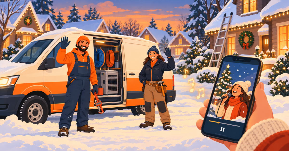 Holiday marketing idea for HVAC companies: HVAC, plumbing and roofing vans on a snowy street with a phone playing a holiday song video