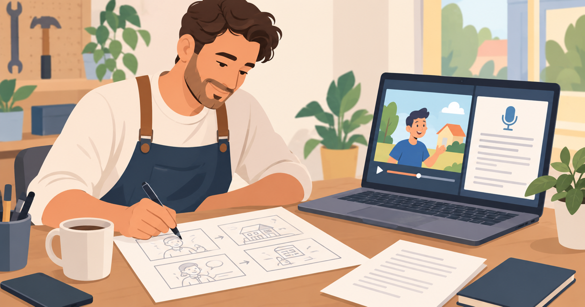 Small business owner planning an animated explainer video with a storyboard and laptop