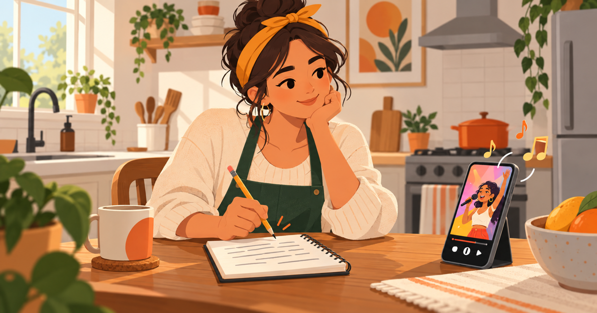 Small-business owner writing jingle lyrics on a notepad and counting beats beside a phone playing a vertical video ad