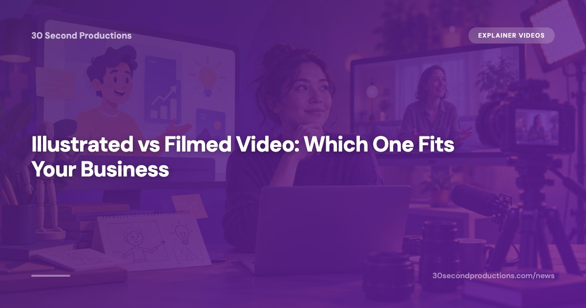Geteiltes Bild: links ein gezeichnetes Erklärvideo, rechts ein Videodreh mit Kamera