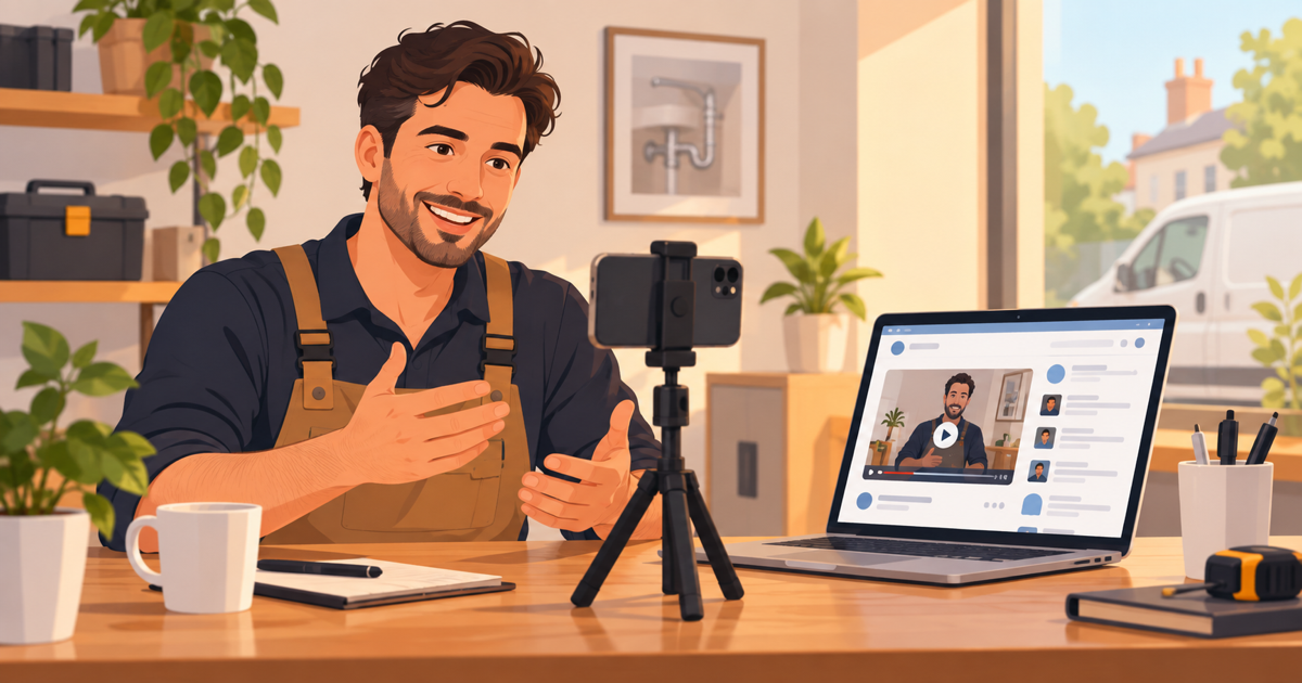 Small-business owner recording a short LinkedIn video on a phone tripod at their desk