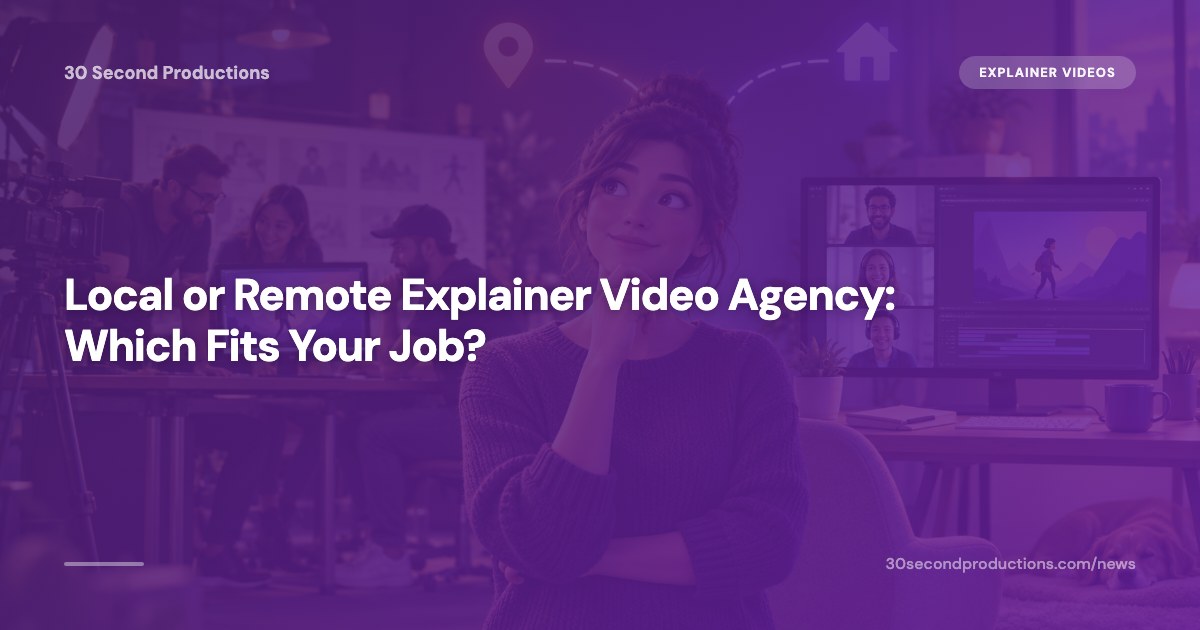 Unternehmer im Videocall mit einem Animationsstudio aus der Ferne, im Hintergrund eine Landkarte