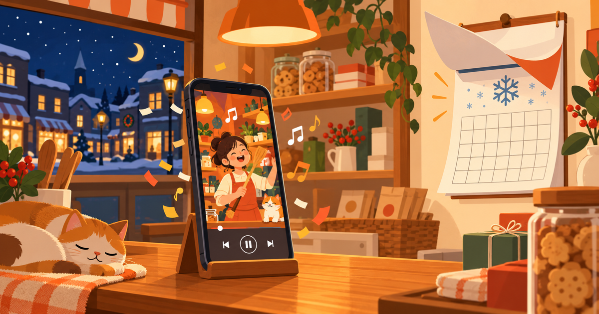 New Year song for business: a phone on a shop counter playing a short animated New Year music video, with confetti and a calendar turning to January