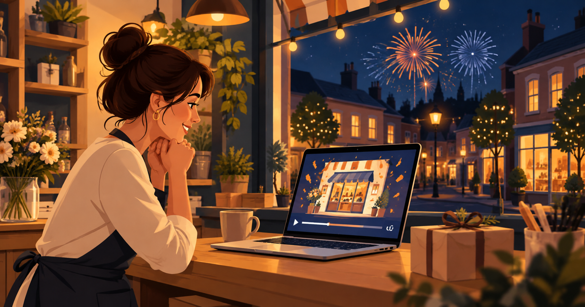 Illustration d'une petite boutique la nuit avec un ordinateur portable qui passe une vidéo « Bonne année » à ses couleurs et des feux d'artifice au-dessus des toits