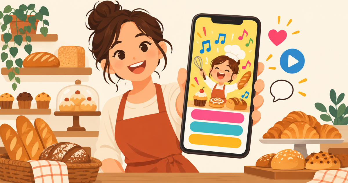 Small business owner making a TikTok ad with a song, a vertical cartoon song ad on the phone