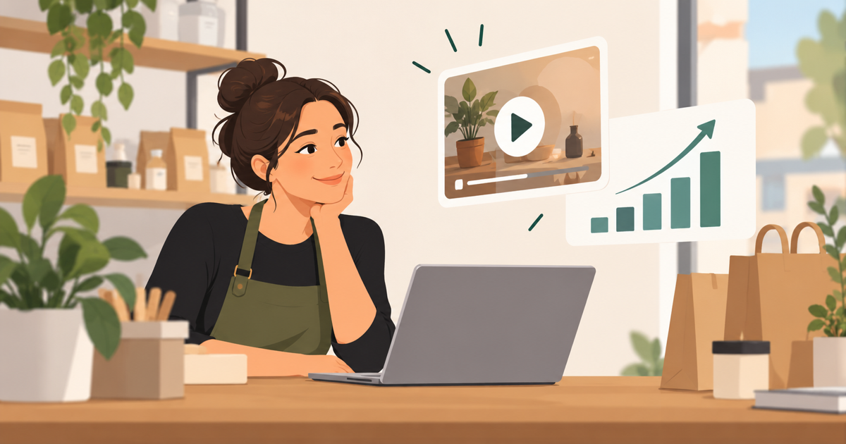 Illustration eines Kleinunternehmers, der Videomarketing-Statistiken auf einem Laptop ansieht