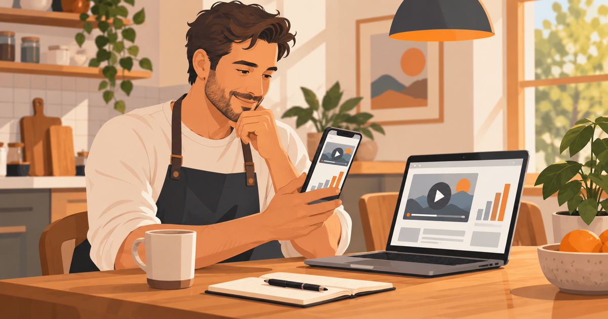 Small business owner comparing video view numbers on a phone and a laptop